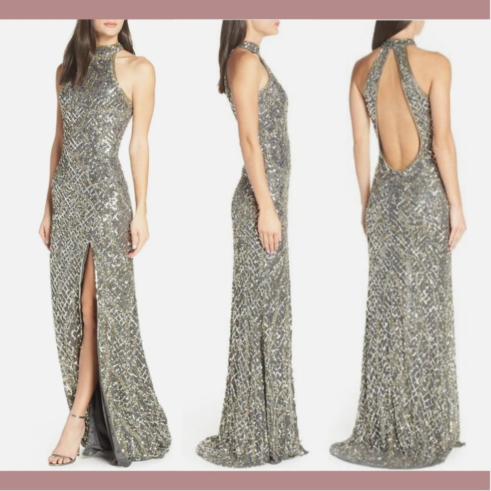 NEW MAC DUGGAL [ 12 ] High-neck Sequin Column Gown In Platinum Grey‎ GOld